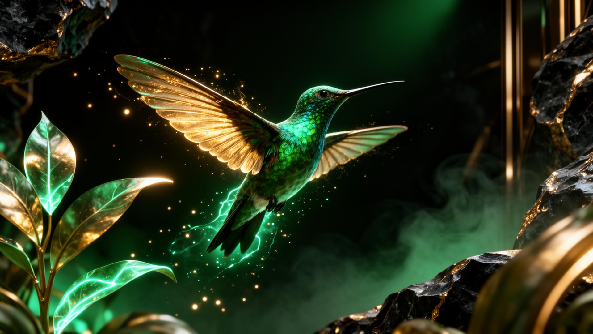 Glowing emerald and gold hummingbird in a futuristic botanical sanctuary
